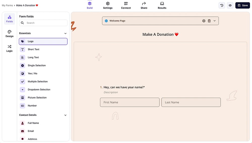 Add a logo by selecting the related field from the field menu on the left