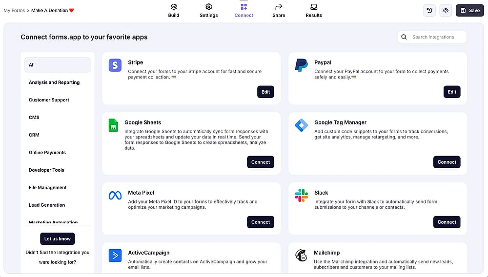 Access the ‘Connect’ tab to integrate your form with third-party platforms