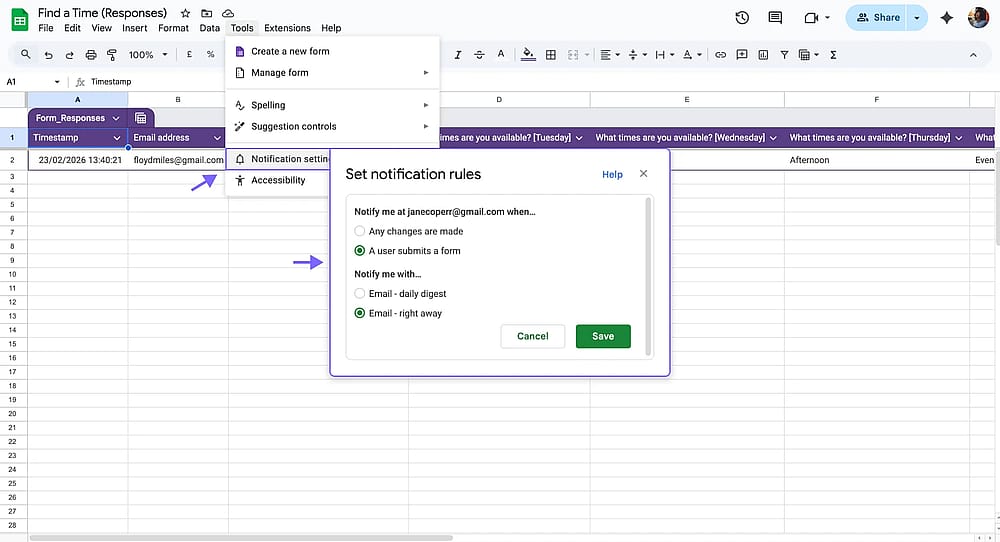 Editando as configurações de notificação das Planilhas do Google
