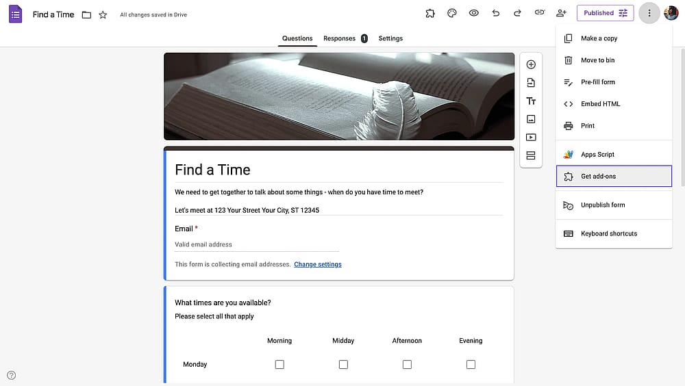 A opção de abrir o mercado de complementos no Google Forms