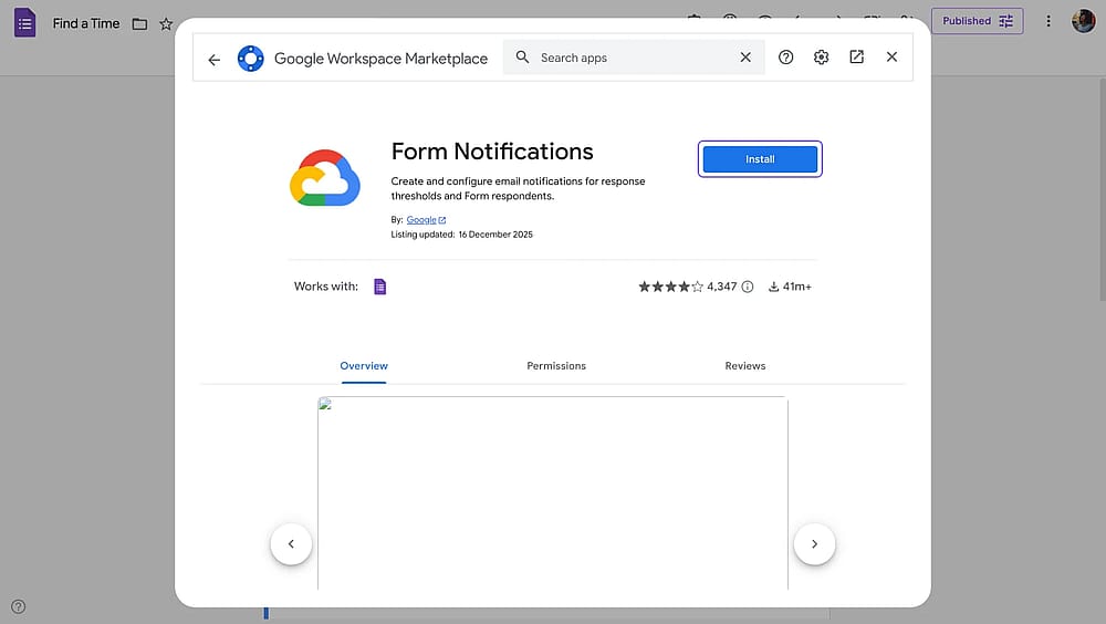 A página do complemento Form Notifications