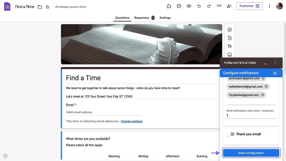 O botão de salvar configuração no complemento de Notificações de Formulário