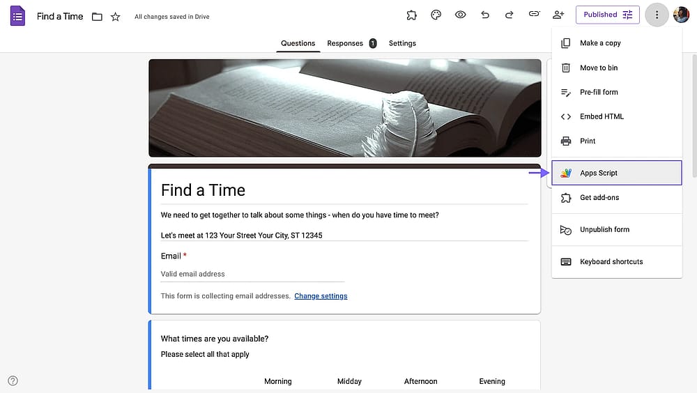 Abrindo o Apps Script através do Google Forms