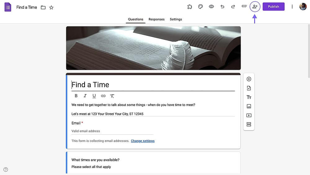 A localização do botão de compartilhamento nos Formulários do Google