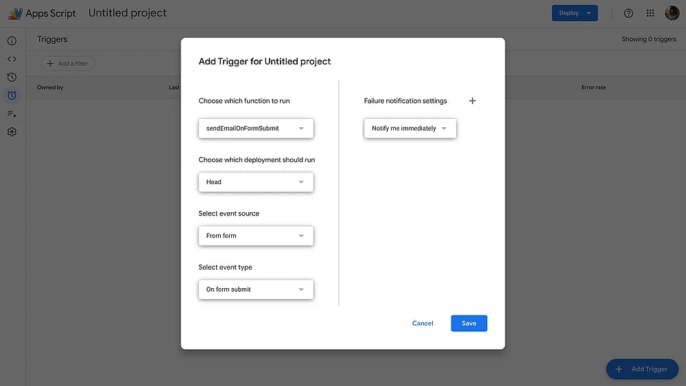 Definindo um acionador no Apps Script