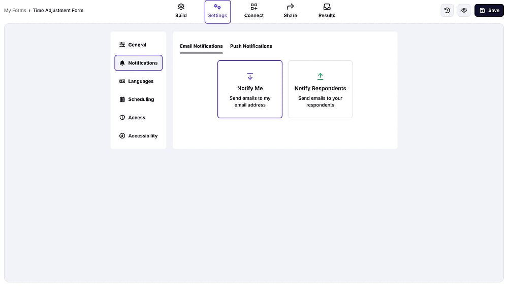 Configurações de notificações no forms.app