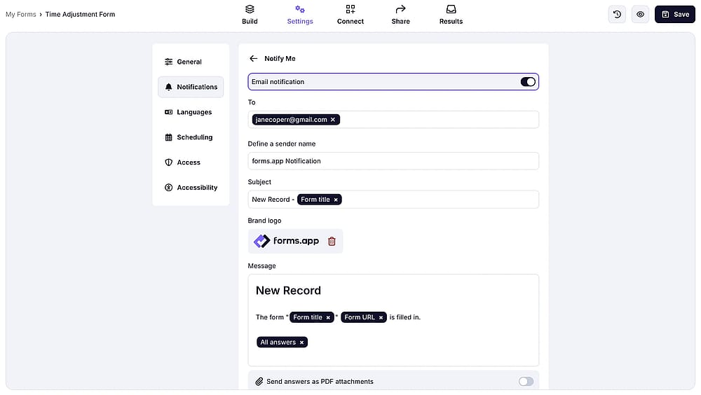 Habilitando auto-notificações no forms.app