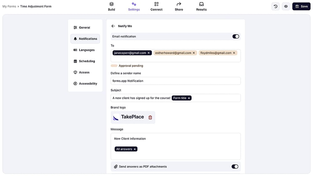 Personalizando a notificação por e-mail no forms.app