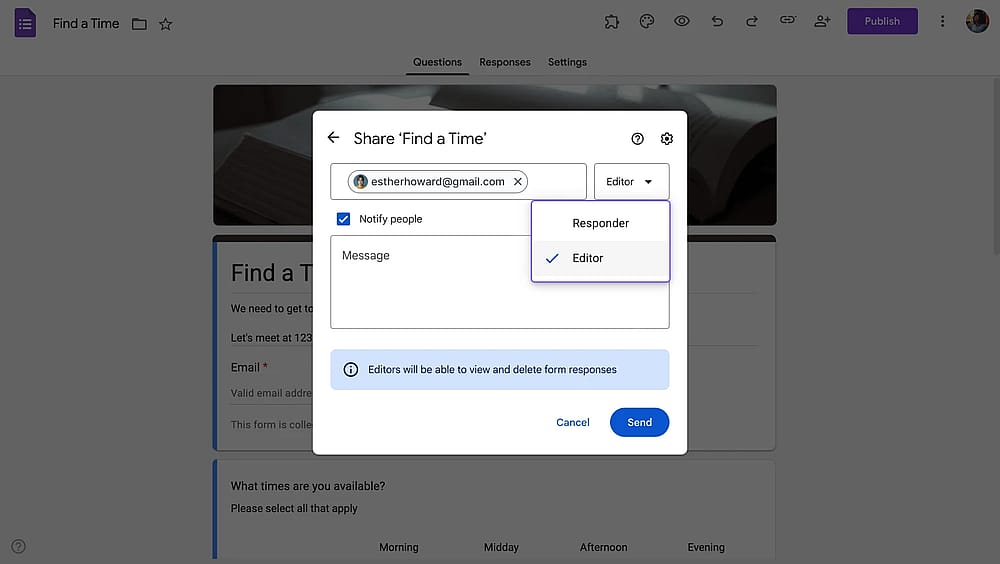 Alterando o nível de permissão ao convidar um colaborador para os Formulários do Google
