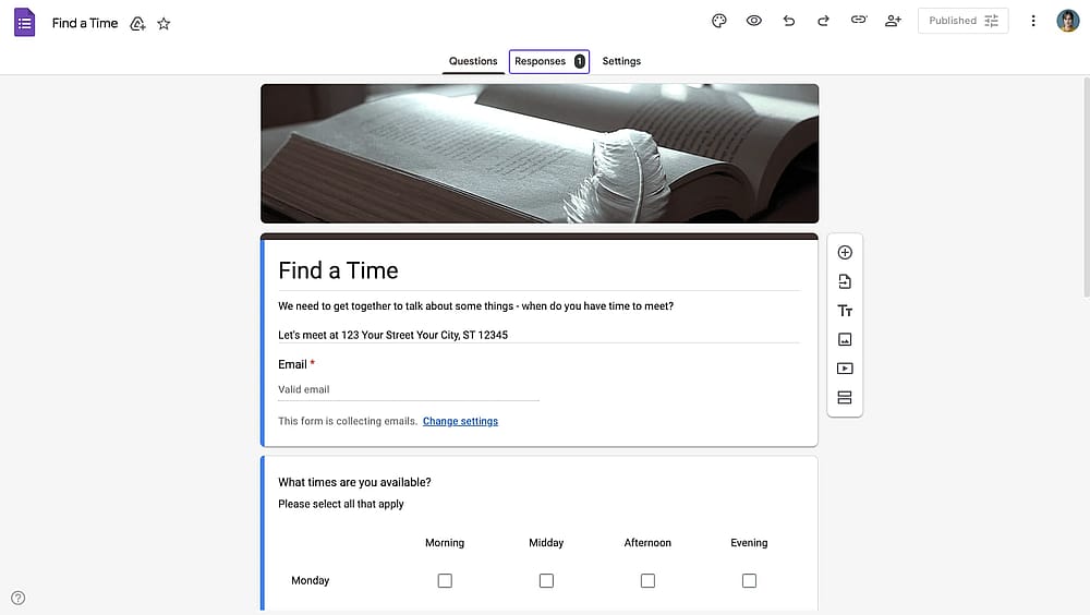 A localização da aba de respostas nos Formulários do Google