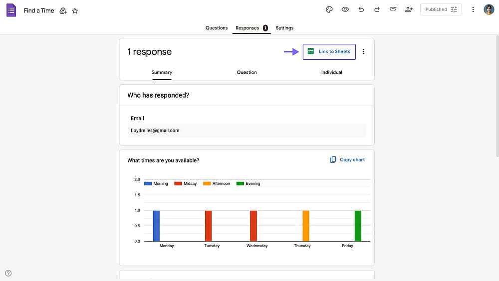 A localização da opção “Link para Planilhas” no Google Formulários