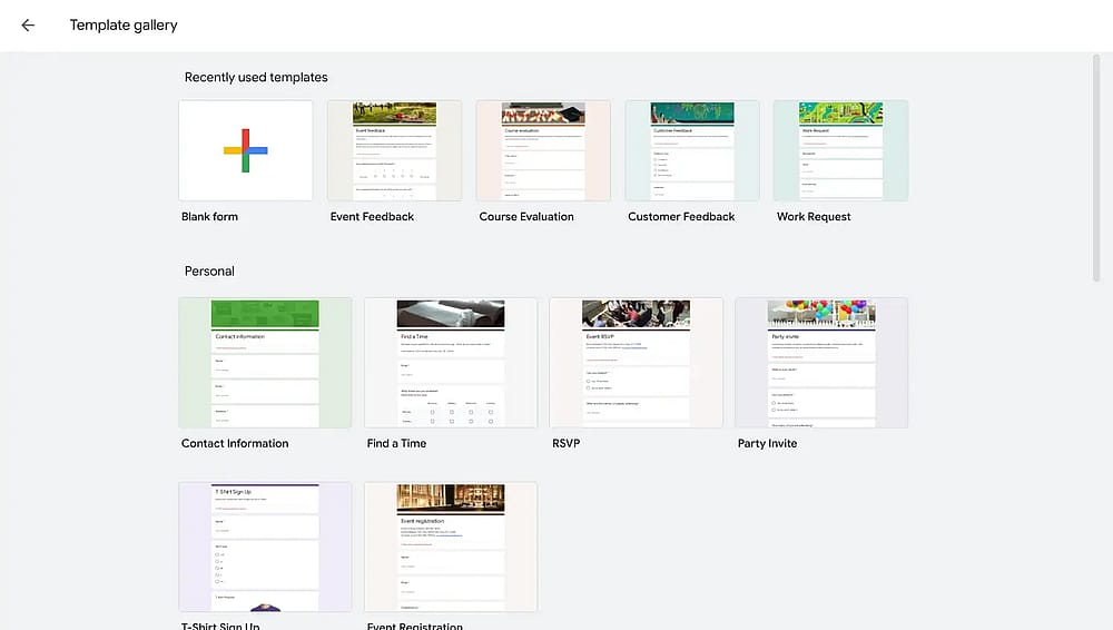 Galería de plantillas de Google Forms