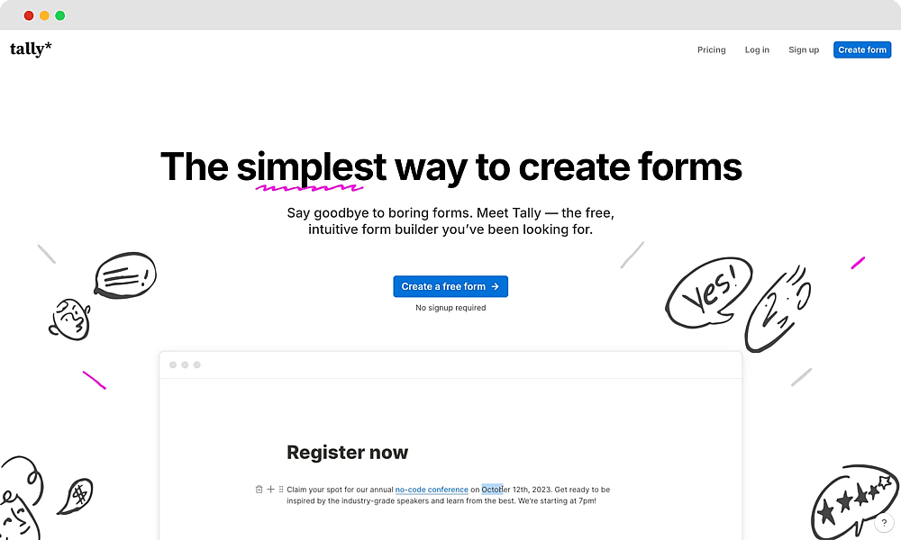 La página de inicio de Tally Forms