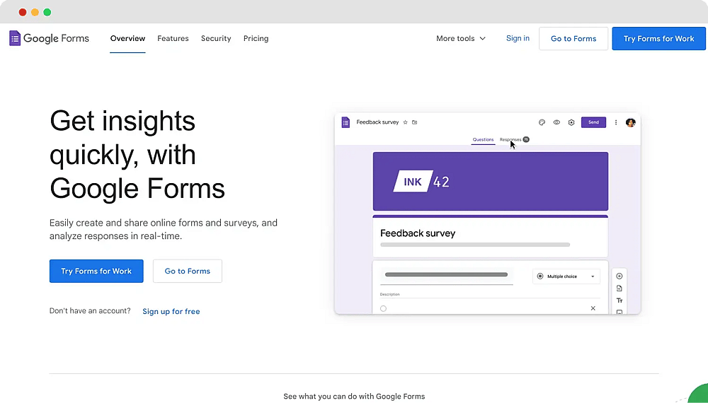 La página de inicio de Google Forms