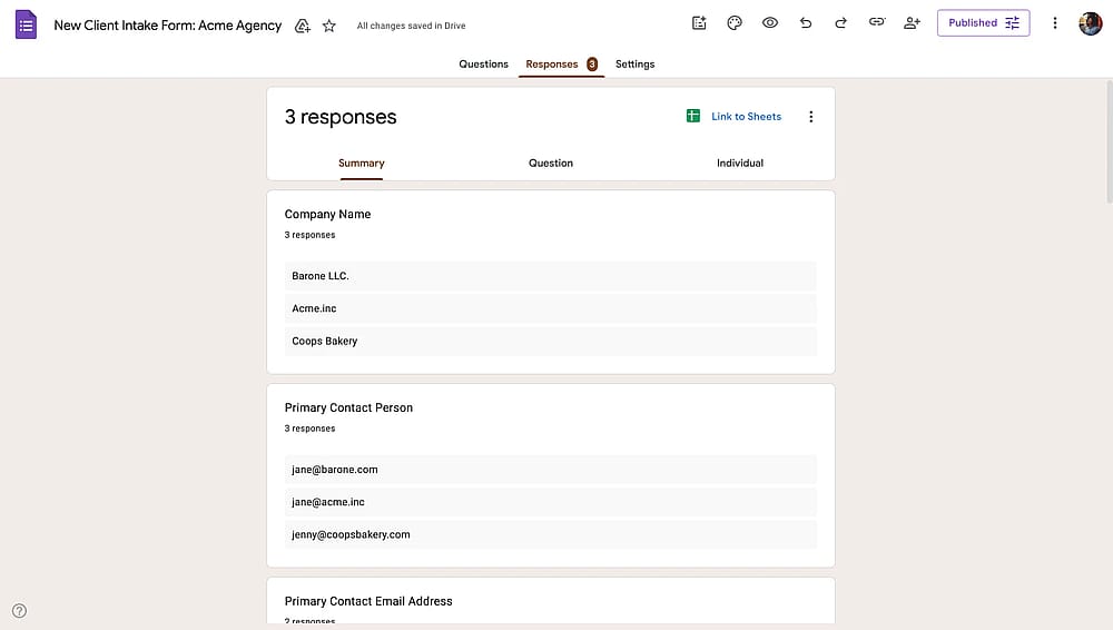 Google Forms Antworten-Registerkarte