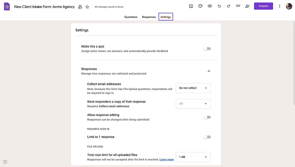 Google Forms Einstellungen