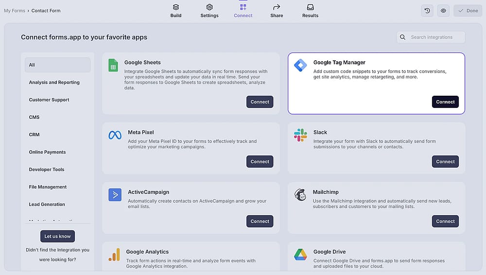 An image showing the “Google Tag Manager integration” button, which you can easily find by accessing the “Connect” tab