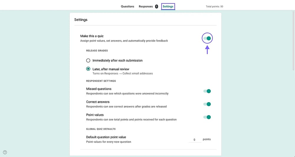 Google Forms’da "Bunu bir sınav yap" ayarı