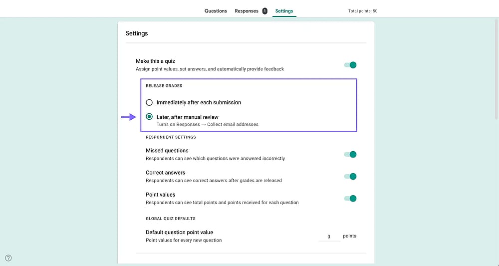 Google Forms sınav puanı yayınlama seçenekleri