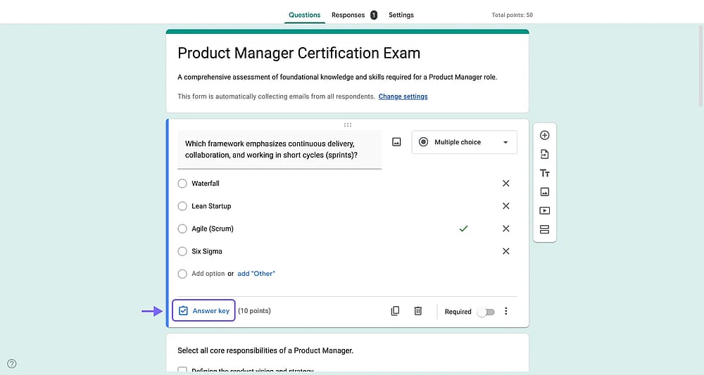 Google Forms sorusundaki Cevap anahtarı düğmesi