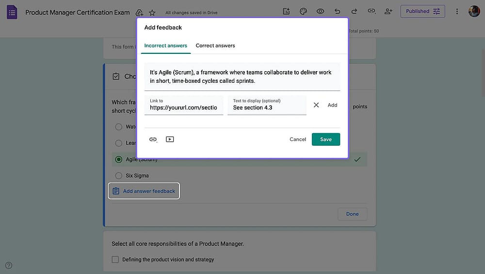 Google Forms sorusuna cevap geri bildirimi eklemek