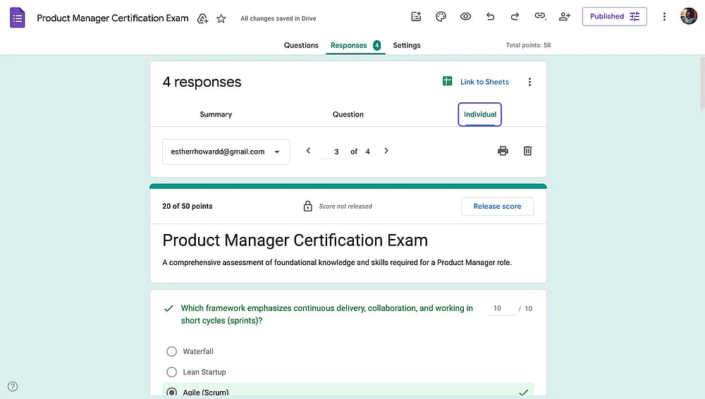 Google Forms yanıtlar sekmesi