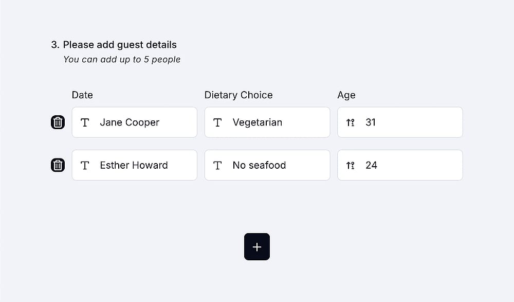 An image showing an example of the “Grid” field usage with three different data types