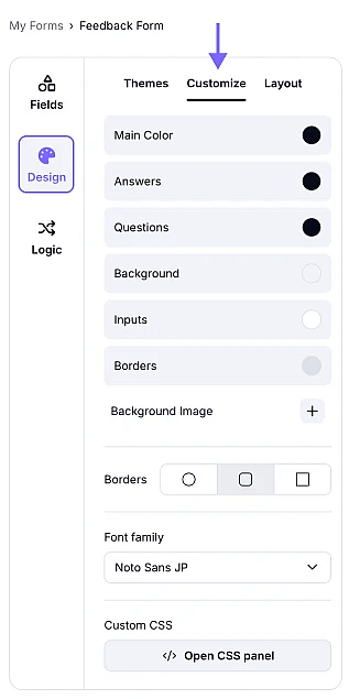 An image showing how to access the font selection area through the Design menu and Customize section