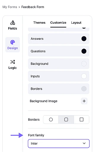 An image highlighting the Font family area and how you can select any font option and check the results instantly