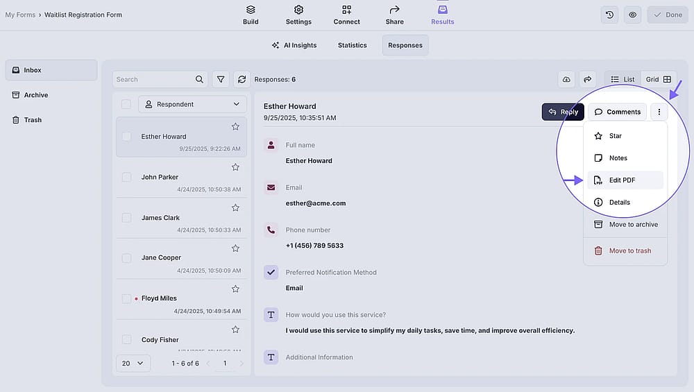 An image showing how you can find the “Edit PDF” button to start editing the PDF response from the Results tab