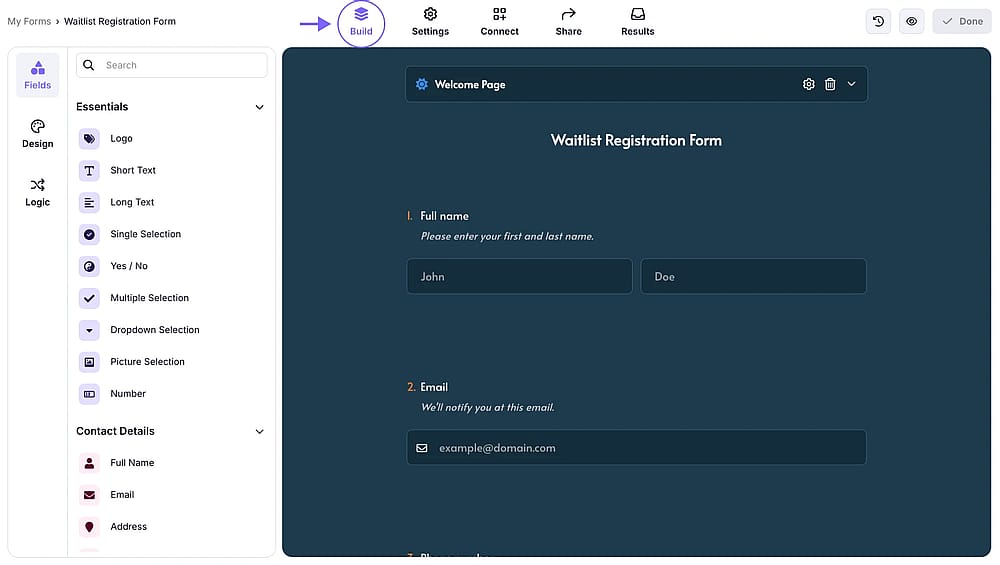 An image showing how to access the “Build” section once you open your form