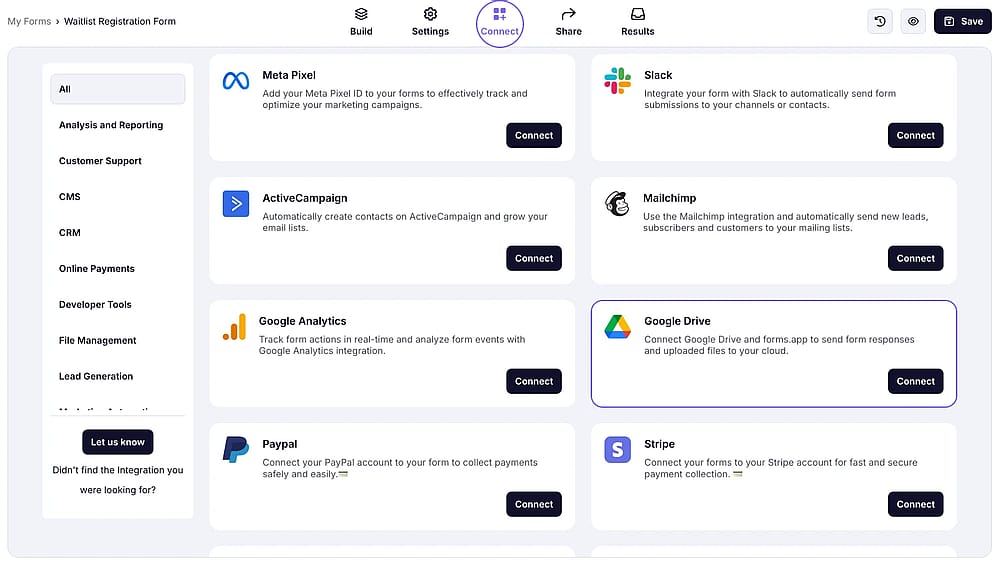 An image showing how to access the “Connect” section and find the Google Drive integration from the options appeared