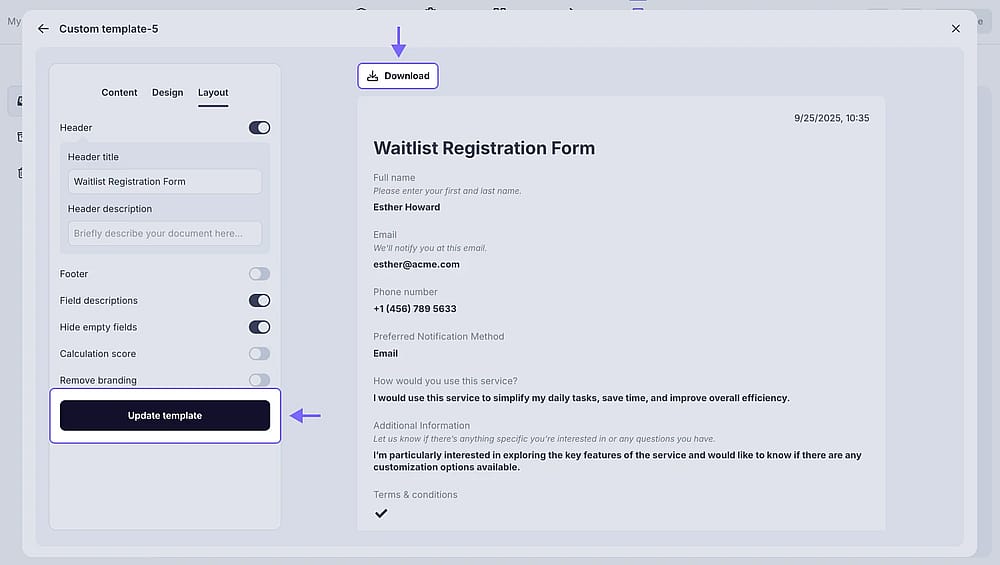 An image showing the “Update template” button to save your changes and the “Download” button to immediately download the PDF version of the response with the current template