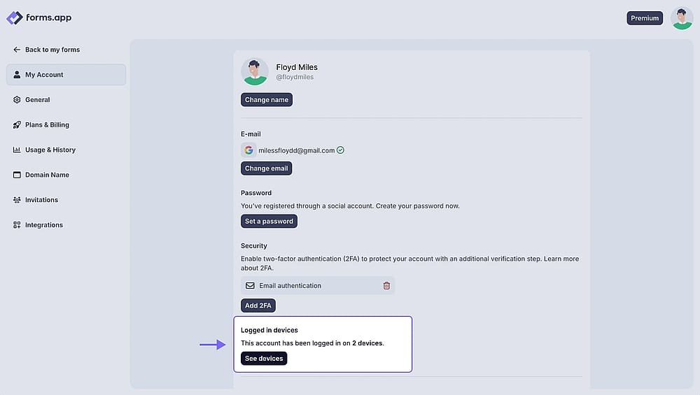 An image showing logged in devices section under the account settings