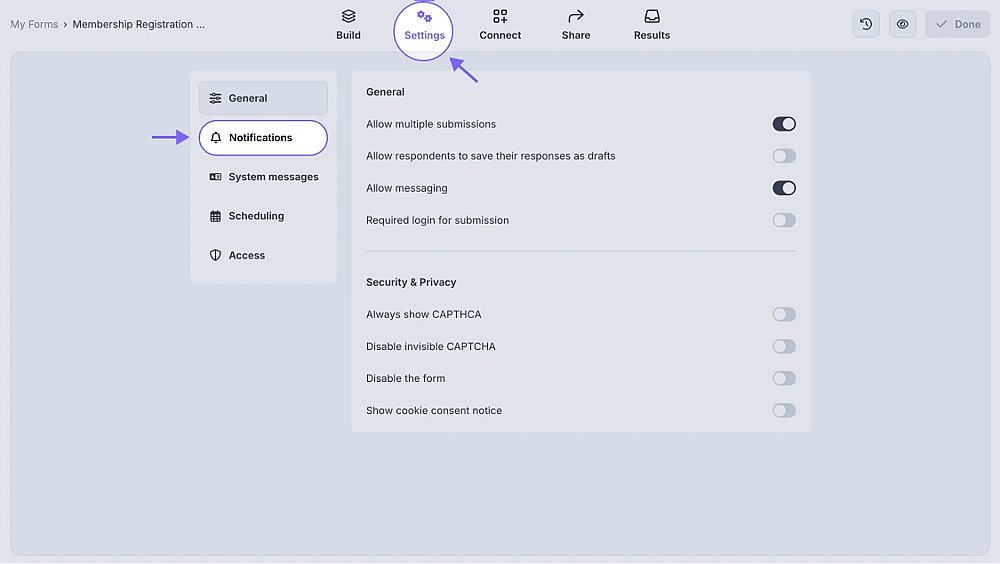 An image showing how to access the Notifications tab by first opening the Settings section