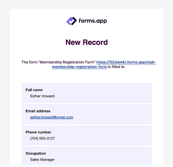 An image showing a customized email notification message
