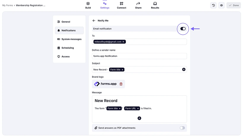 An image showing turning on the Email notification toggle in the Notify Me section