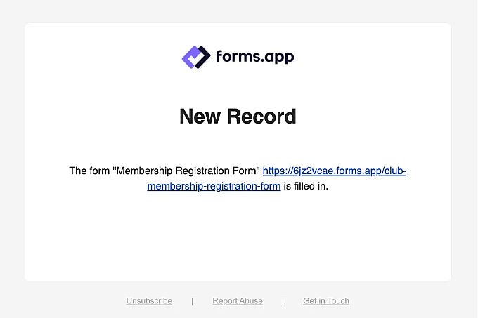 An image showing an example notification mail that you will receive after form submission