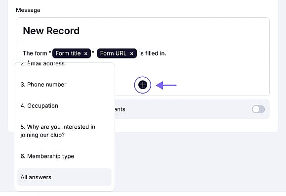 An image showing the addition of variables of form fields, which you need to add to your email notification message