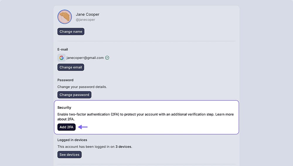 An image showing the “Security” area where you will find the “Add 2FA” button