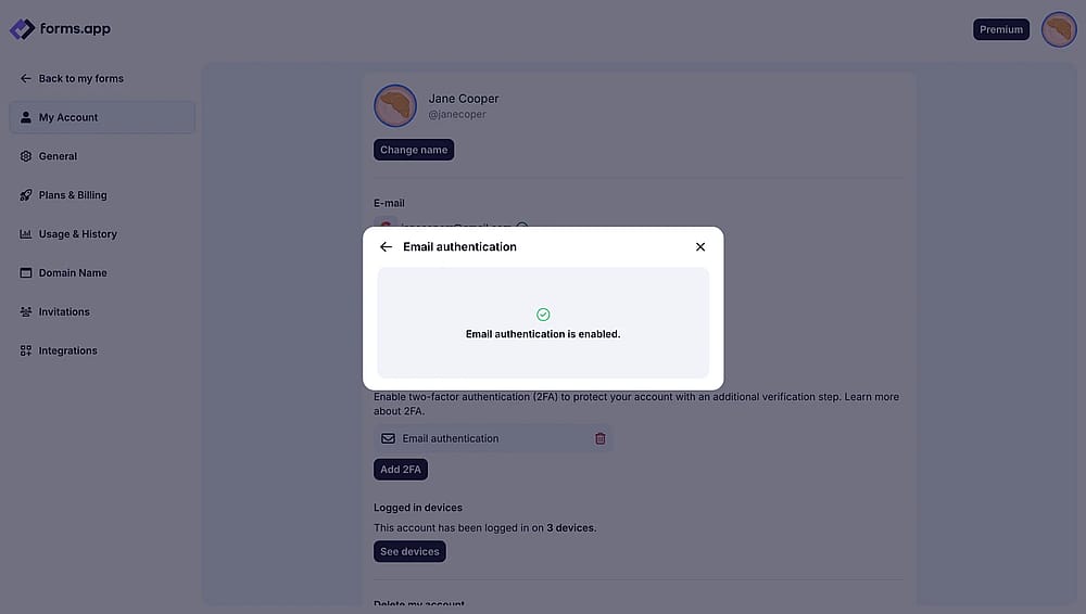 An image showing the pop-up with the successful 2FA set up and the Recovery Codes for you to copy