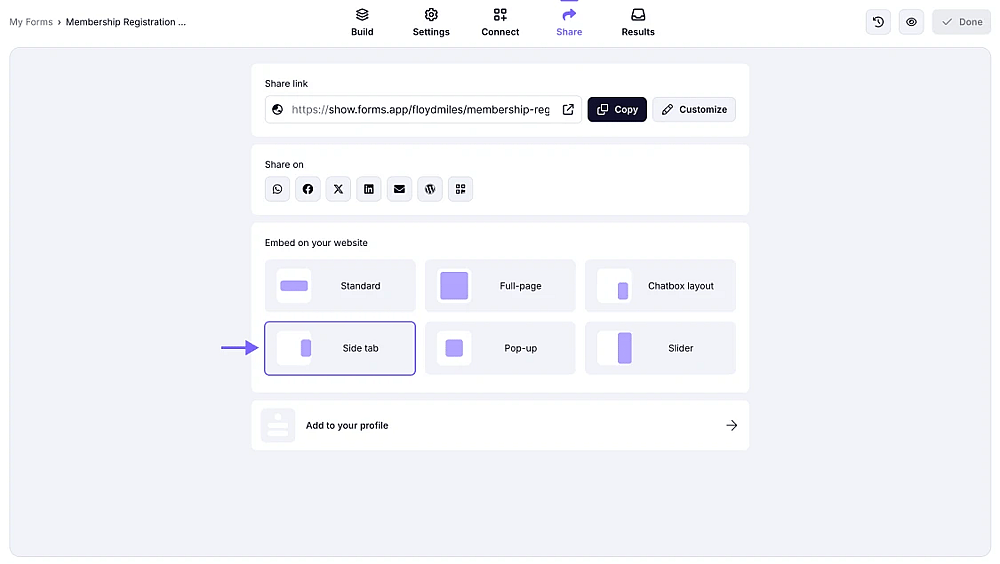 An image showing where you can locate the “Side tab” option from all the embedding options provided