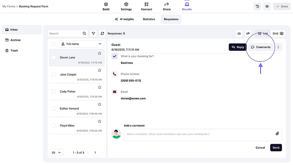 An image showing the “Comments” button you need to click to access the comment section of the selected response