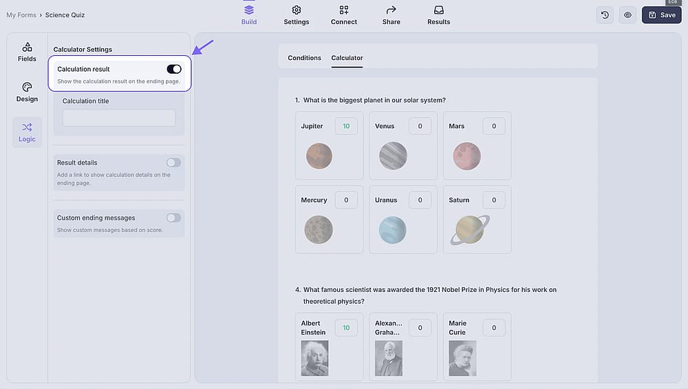 An image showing where you can find the “Calculation result” toggle and enable it