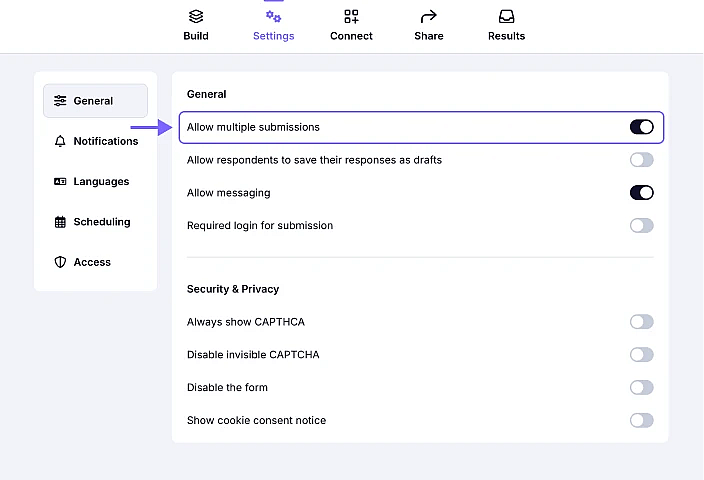 An image showing the enabled Allow multiple submissions toggle in the General settings area