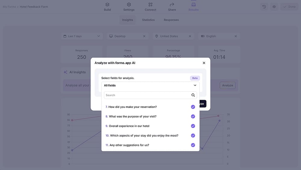 An image showing the “AI insights” button you need to click and the menu from which you can select the form fields for future analysis