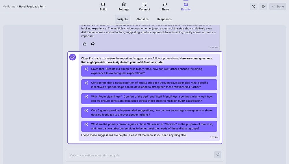 An image showing an example of questions to ask, which are given by the AI chat after it provides the full analysis