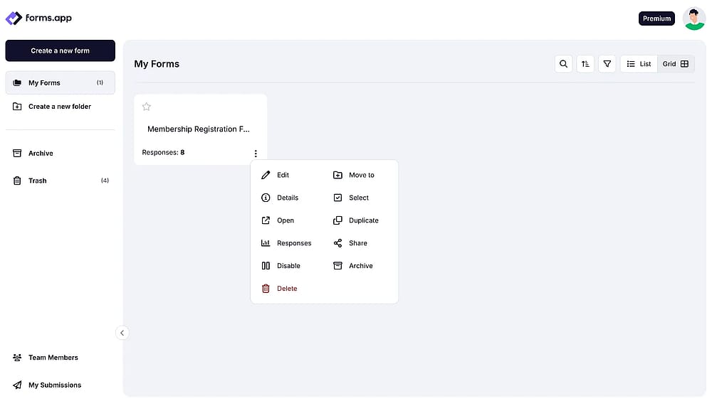 An image showing how to access the options menu by clicking the form needed on your Dashboard