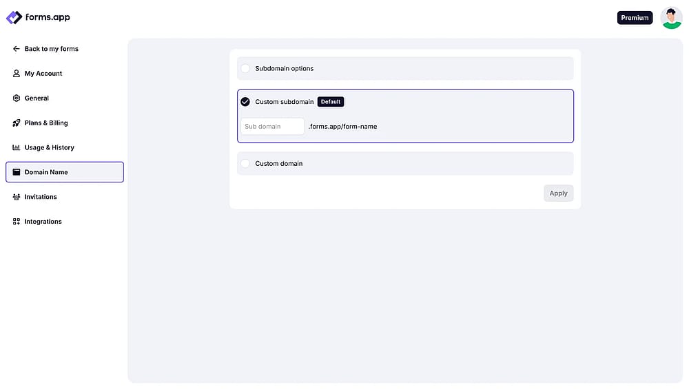 An image showing the “Domain name” option from the left menu, where you need to select the “Custom subdomain” section
