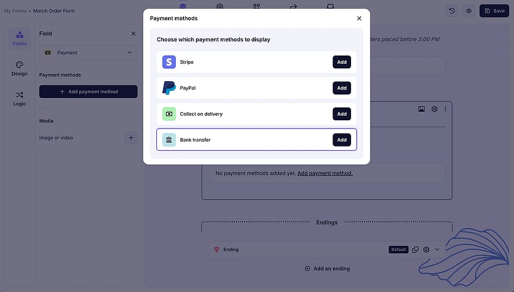 An image showing how to enable the “Bank transfer” option from the Payment field settings